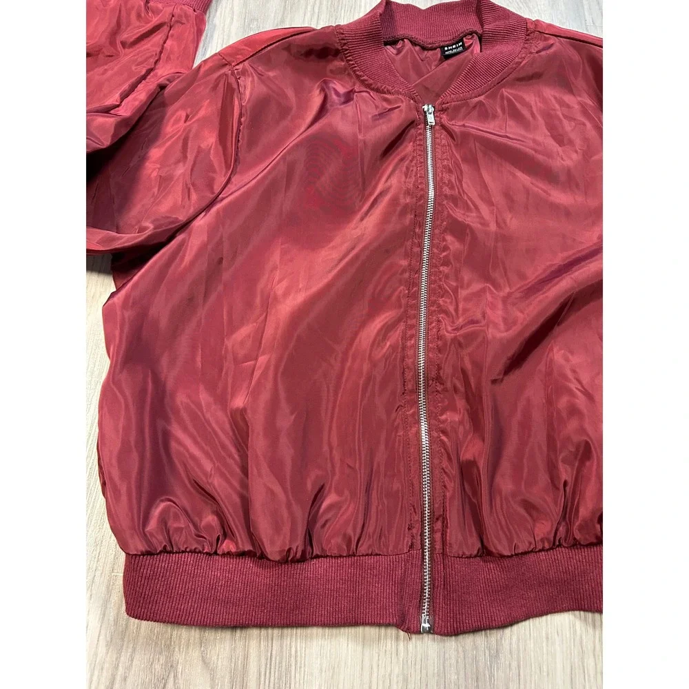 SHEIN Burgundy Red Bomber Jacket Full Zip Side Pocket Ribbed Cuffs Womens Size L